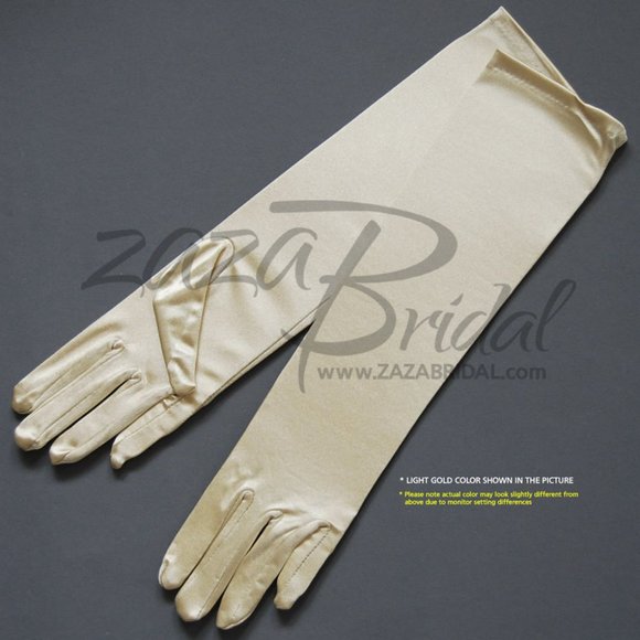 15.5″ Long Shiny Stretch Satin Dress Gloves 12BL - Light Gold - Picture 1 of 16